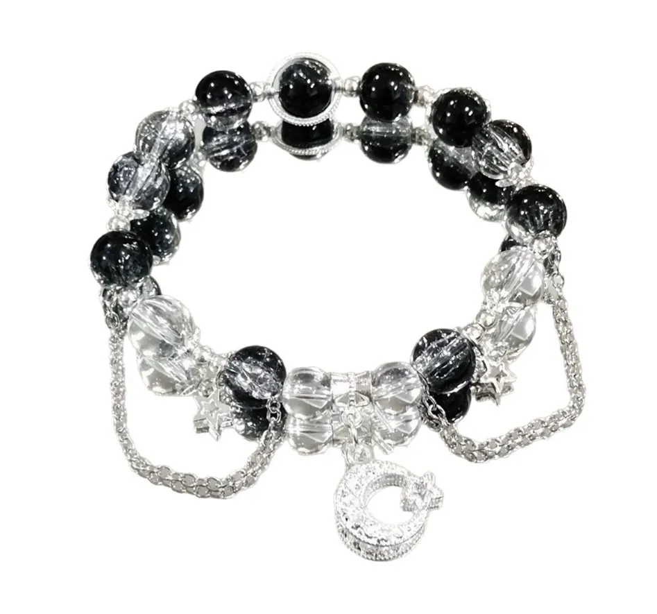 Black & Clear Crystal Layered Bracelet with Moon & Star Charms