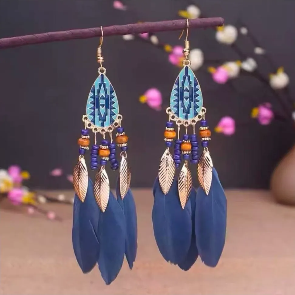Blue Bohemian Teardrop Feather Dangle Earrings