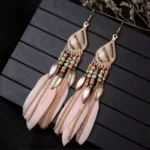 Blush Pink Feather & Gold Chain Bohemian Dangle Earrings