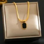 18K Gold Black Octagon Pendant Herringbone Chain Necklace