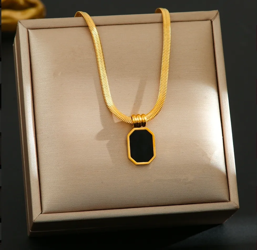 18K Gold Black Octagon Pendant Herringbone Chain Necklace
