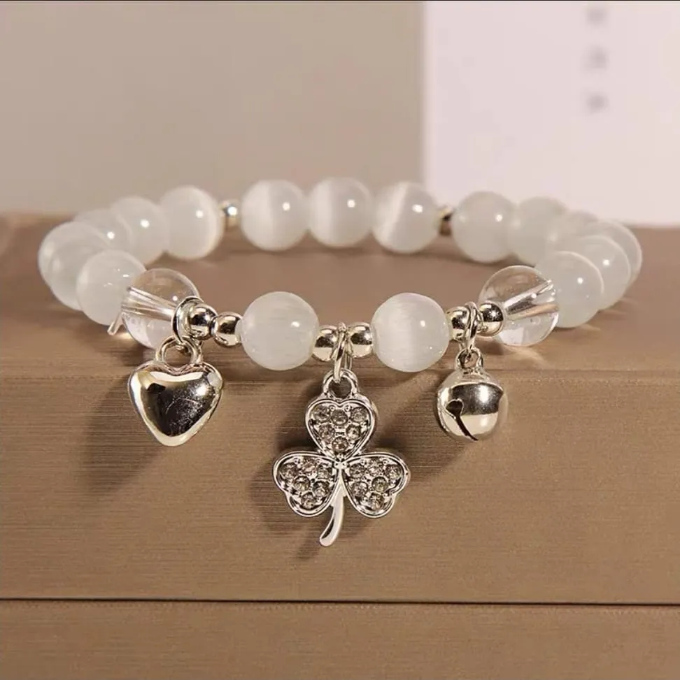 Beautiful Clover & Heart Bell Opal Style Beaded Bracelet