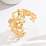 Gold Lily Flower Open Cuff Bangle Bracelet