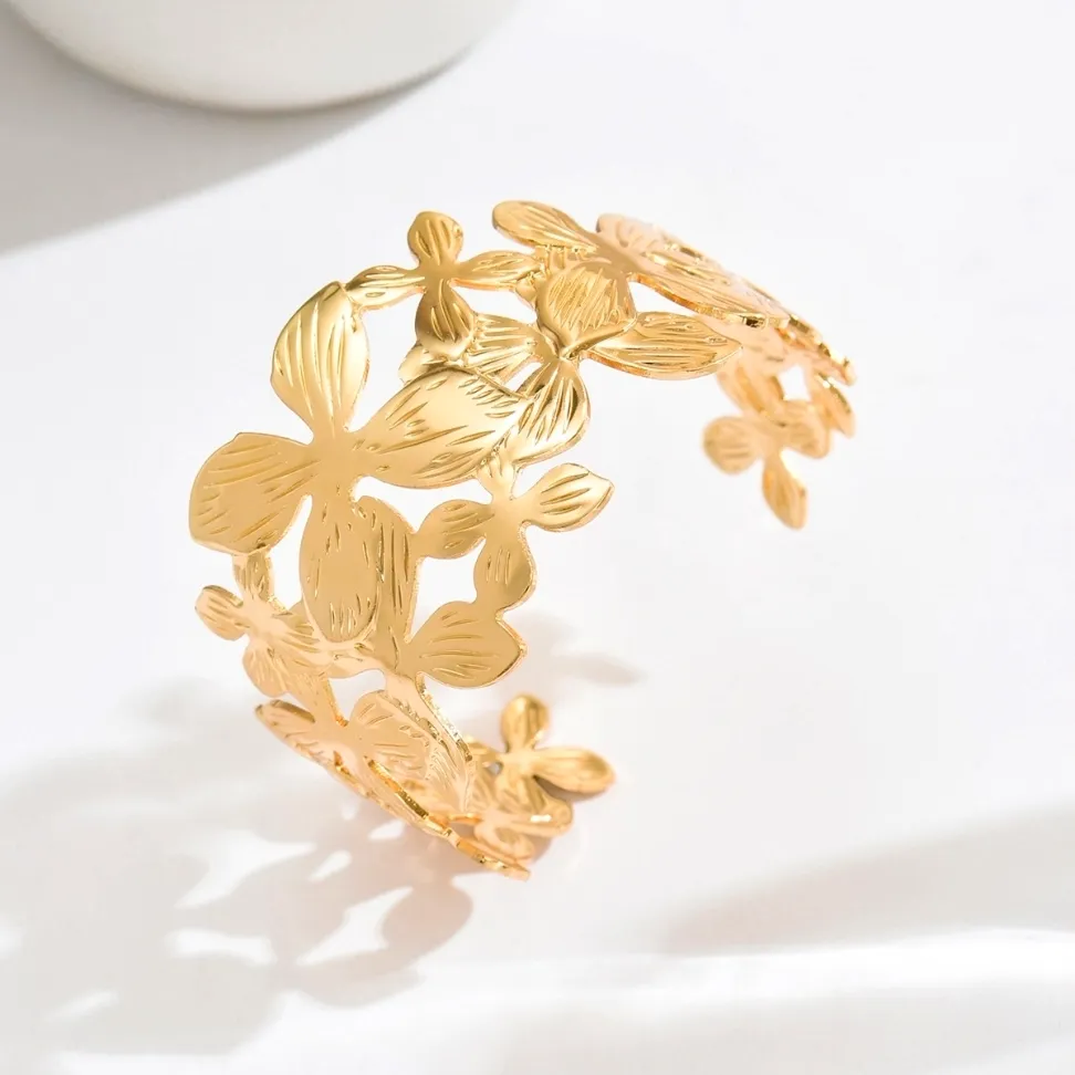 Gold Lily Flower Open Cuff Bangle Bracelet