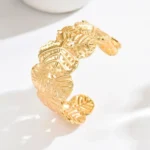 Gold Textured Tropical Leaf Open Cuff Bangle Bracelet