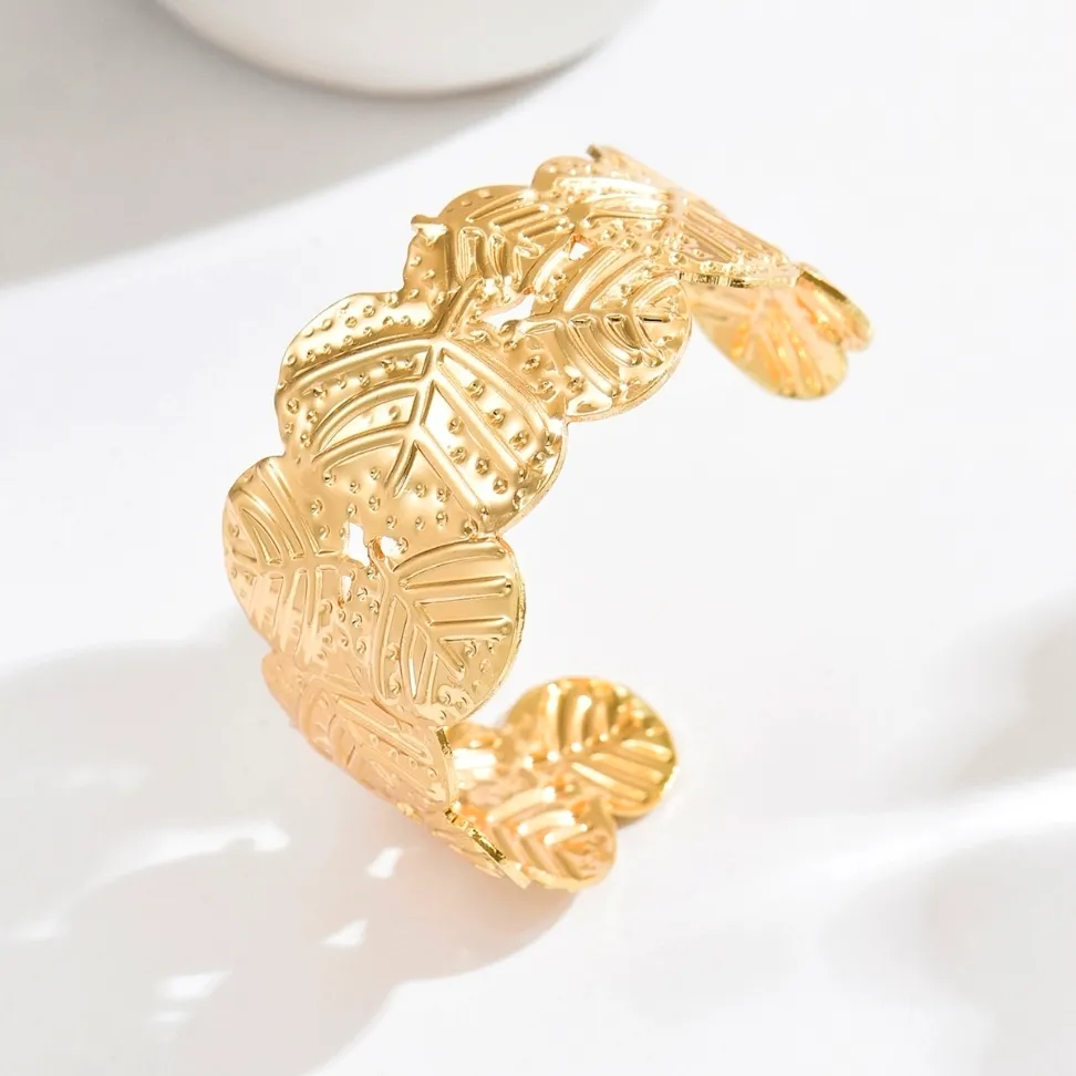 Gold Textured Tropical Leaf Open Cuff Bangle Bracelet