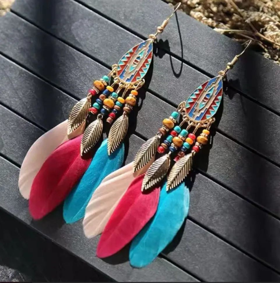 Retro Teardrop Tribal Multicolor Feather Dangle Earrings