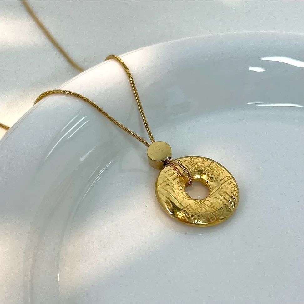 Gold Engraved Peace Buckle Blessing Disc Pendant Necklace