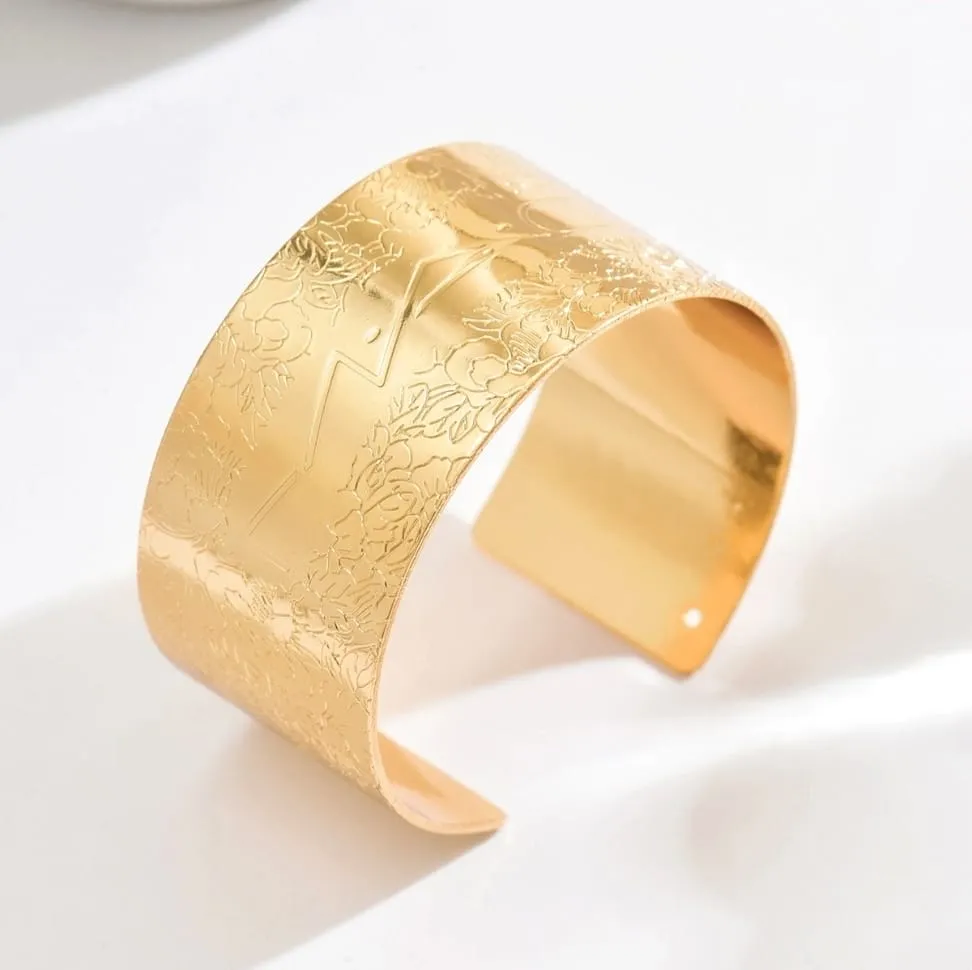 Gold Wide Engraved Floral Open Cuff Bangle Bracelet