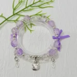 Purple Crackle Crystal Kitty & Ribbon Bow Charm Bracelet