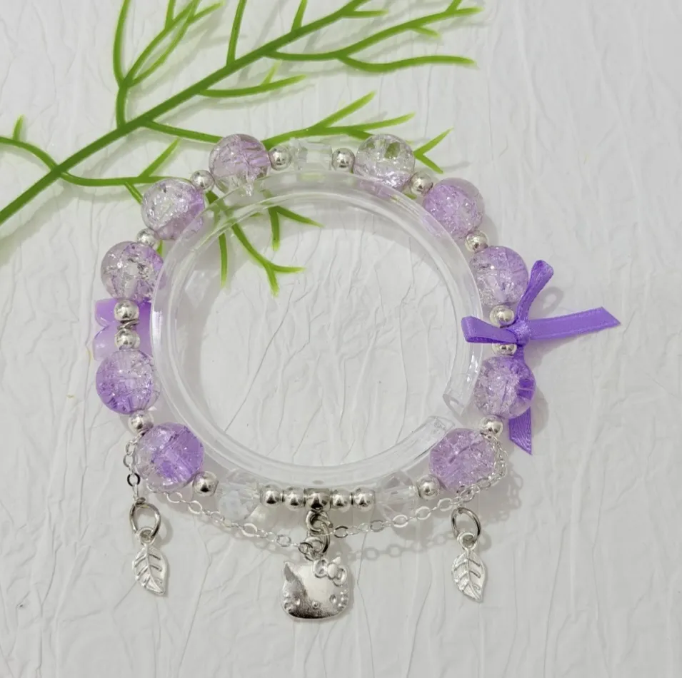 Purple Crackle Crystal Kitty & Ribbon Bow Charm Bracelet