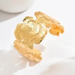 Gold Blooming Rose Flower Open Cuff Bangle Bracelet