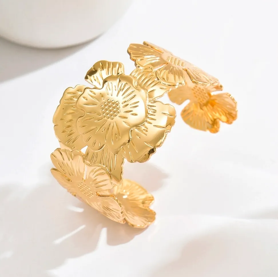 Gold Blooming Rose Flower Open Cuff Bangle Bracelet