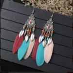 Retro Round Mandala Tricolor Feather Dangle Earrings