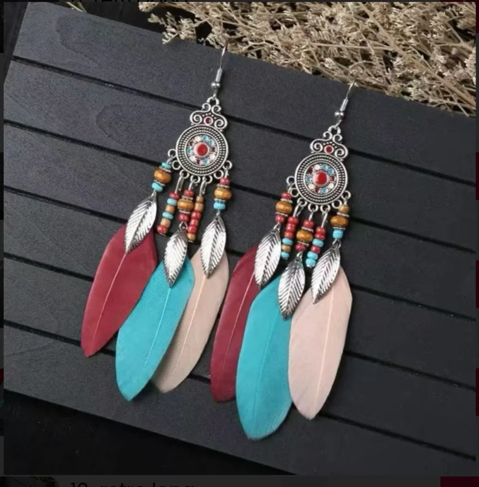 Retro Round Mandala Tricolor Feather Dangle Earrings