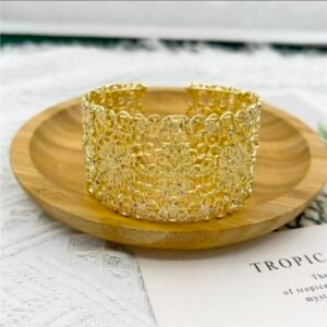 Gold Textured Filigree Lace Open Cuff Bangle Bracelet