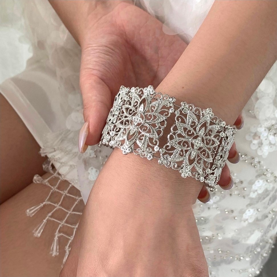 Wide Silver Tone Filigree Bracelet, Floral Lace Design for Brides