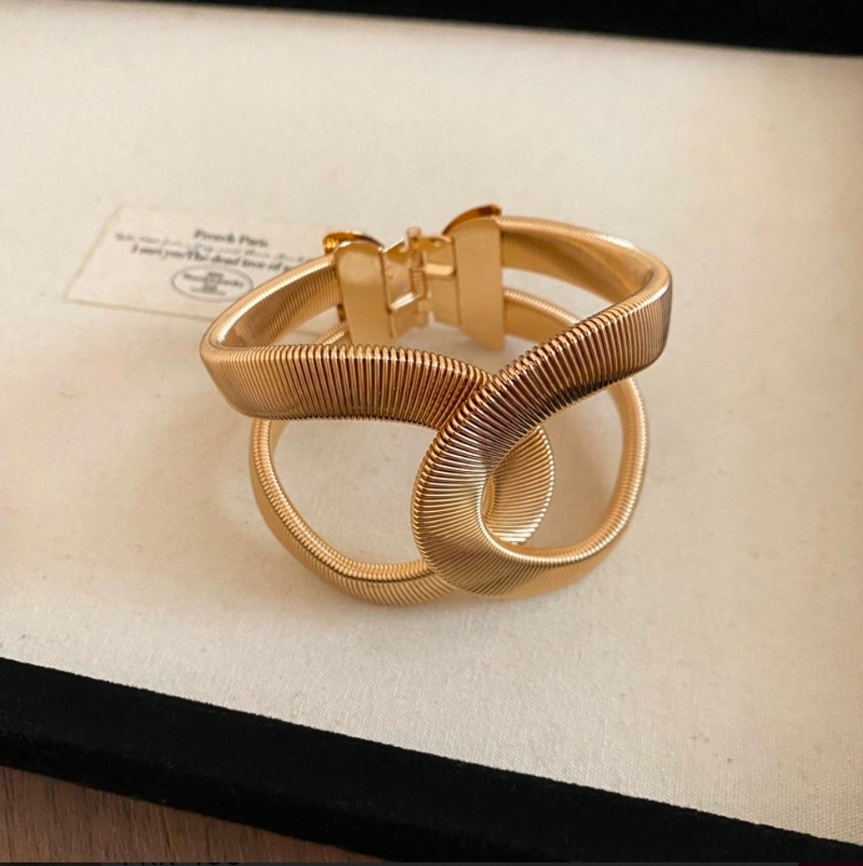 Gold Tone Interlocking Loop Cuff Bangle, Ribbed Hinged Bangle