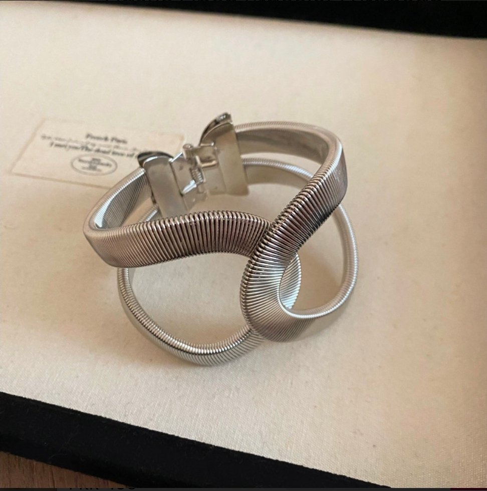 Silver Tone Interlocking Loop Cuff Bracelet, Ribbed Hinged Bangle