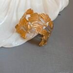Daisy Flower Open Cuff Bangle, Matte Gold Tone Engraved Petals