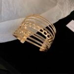 Wide Open Cuff Bracelet with Chain Link & Layered Wire, Gold Tone
