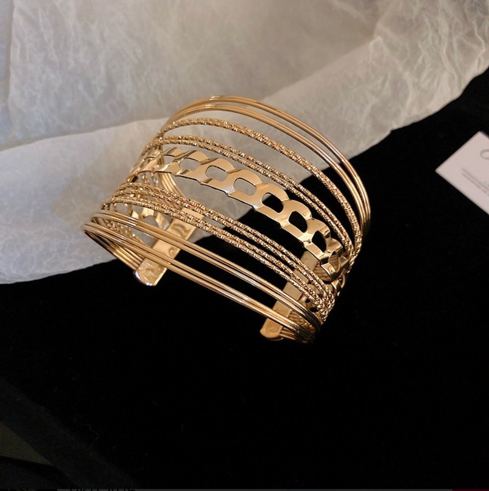 Wide Open Cuff Bracelet with Chain Link & Layered Wire, Gold Tone