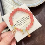 Pink Strawberry Quartz Style Beaded Charm Bracelet