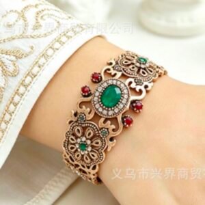 Vintage Ottoman Emerald Green & Ruby Crystal Filigree Bangle Bracelet
