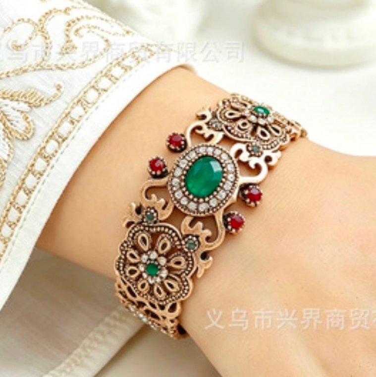 Vintage Ottoman Emerald Green & Ruby Crystal Filigree Bangle Bracelet